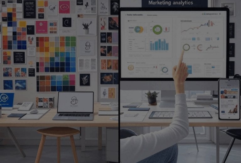 Split-screen image of branding tools (logo, style guide) vs marketing tools (ads, analytics) on a modern workspace.
