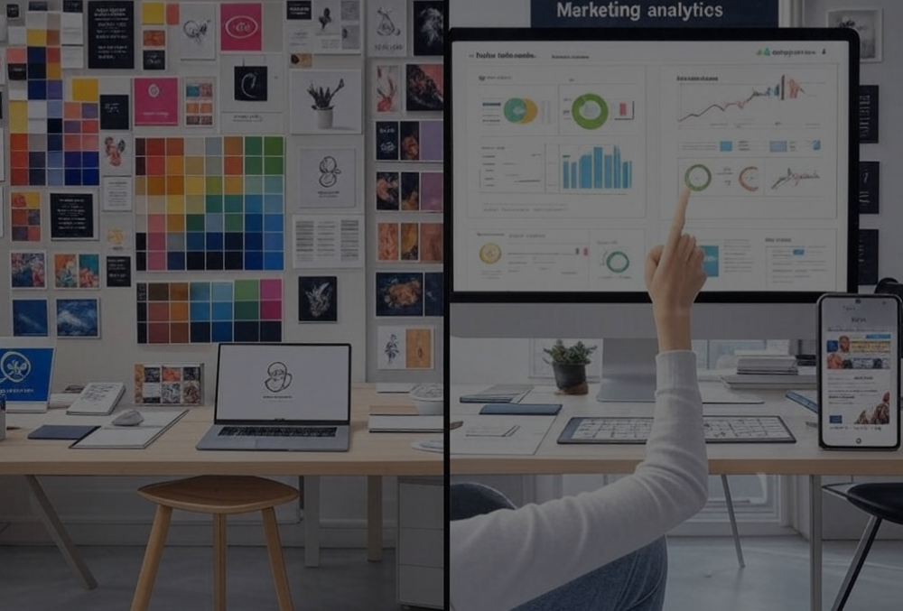 Split-screen image of branding tools (logo, style guide) vs marketing tools (ads, analytics) on a modern workspace.