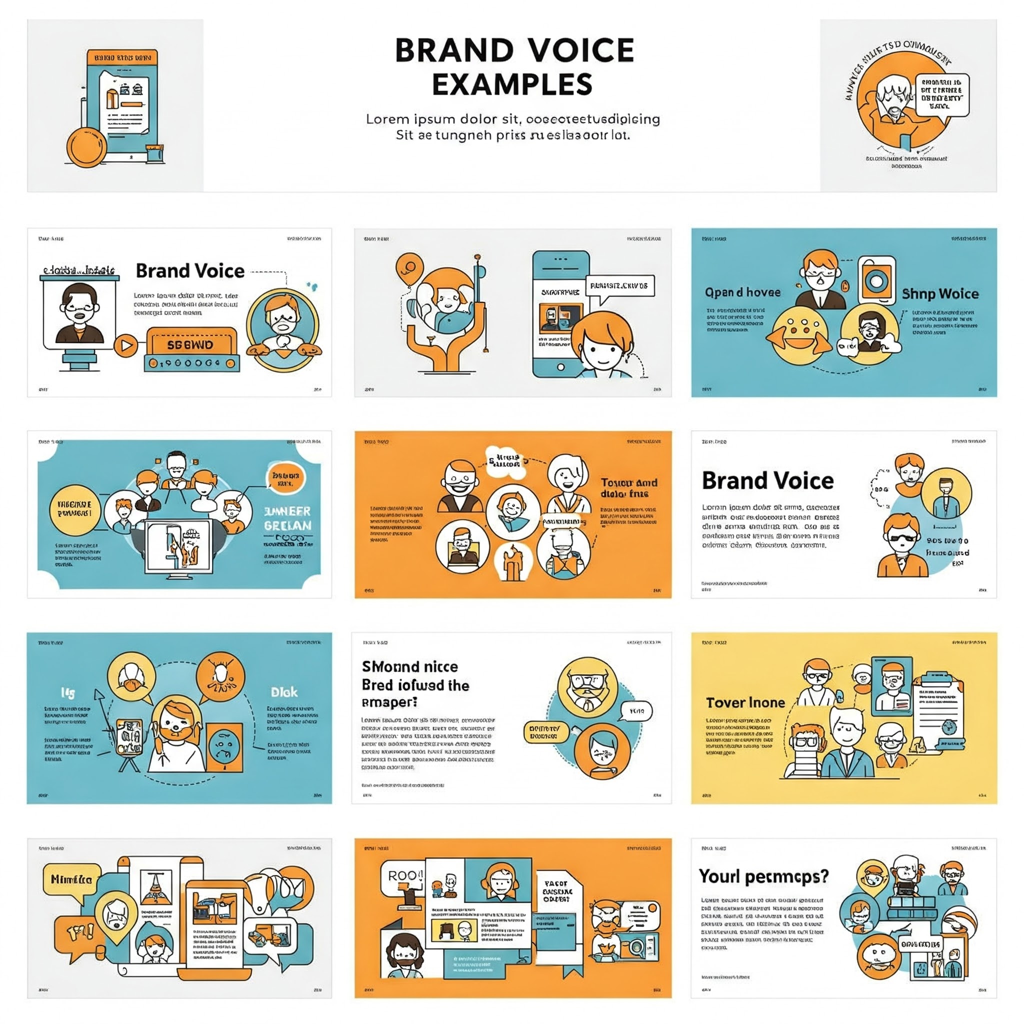 Carousel of brand voice examples—from bold headlines to quirky bios