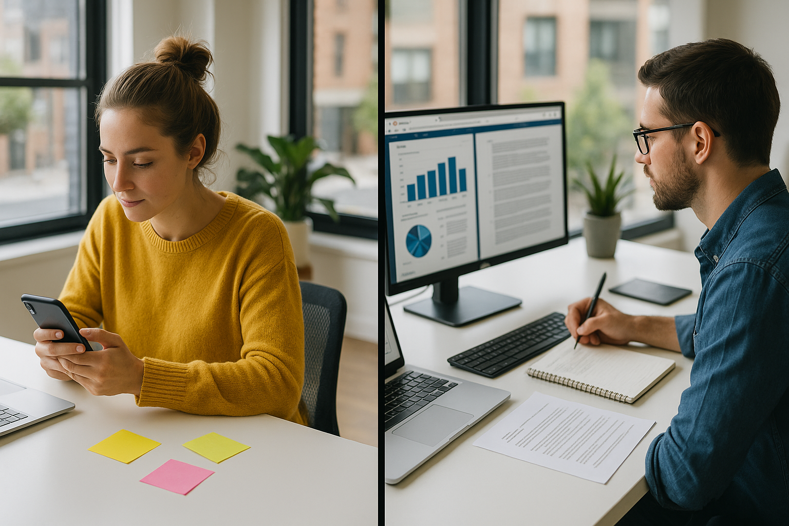 Final Verdict: Which One Wins? Split-screen image of two content creators—one drafting short-form content on a phone, the other writing a long-form article with graphs and notes.