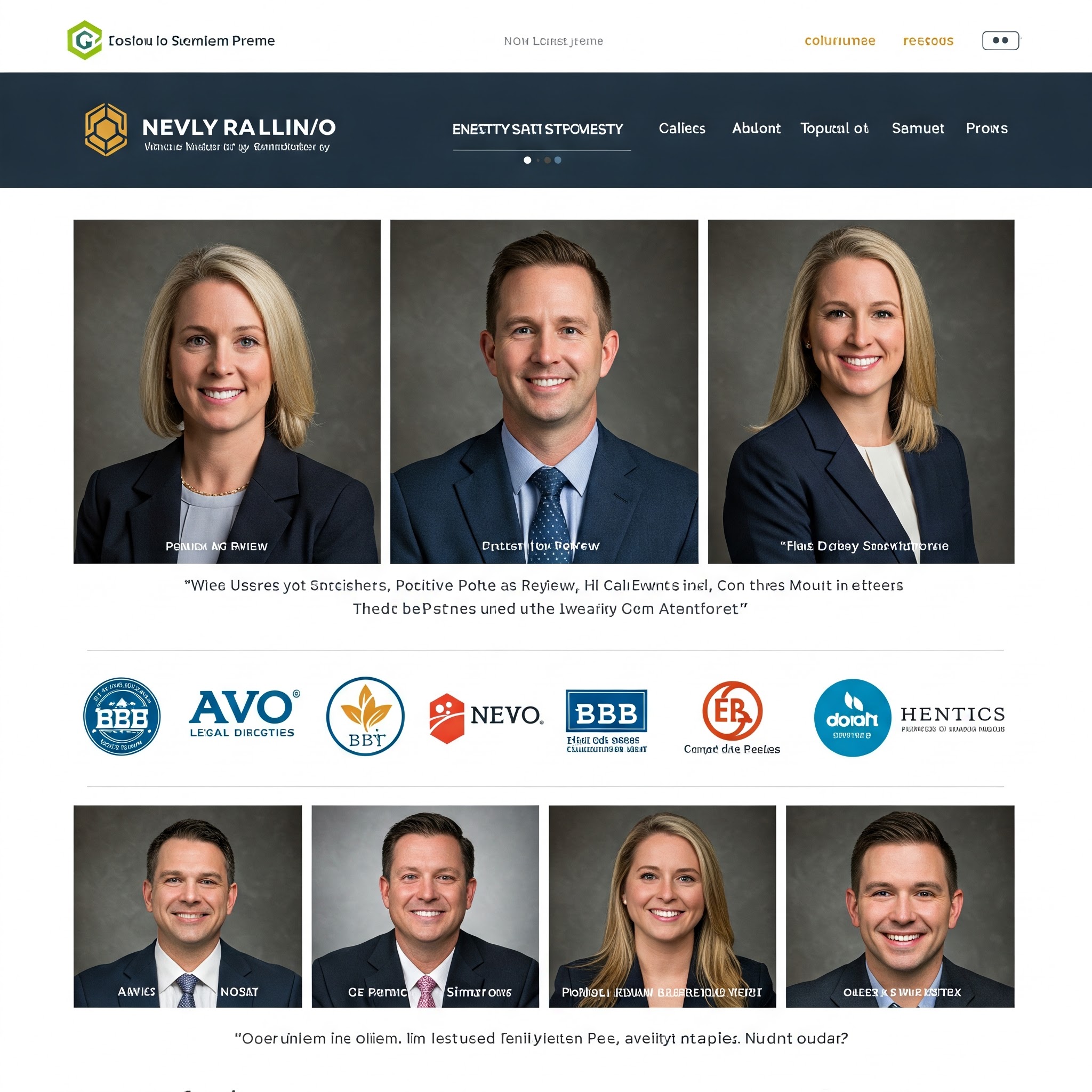Homepage with review quotes, real headshots, and logos of trusted legal directories (Avvo, BBB, etc.)