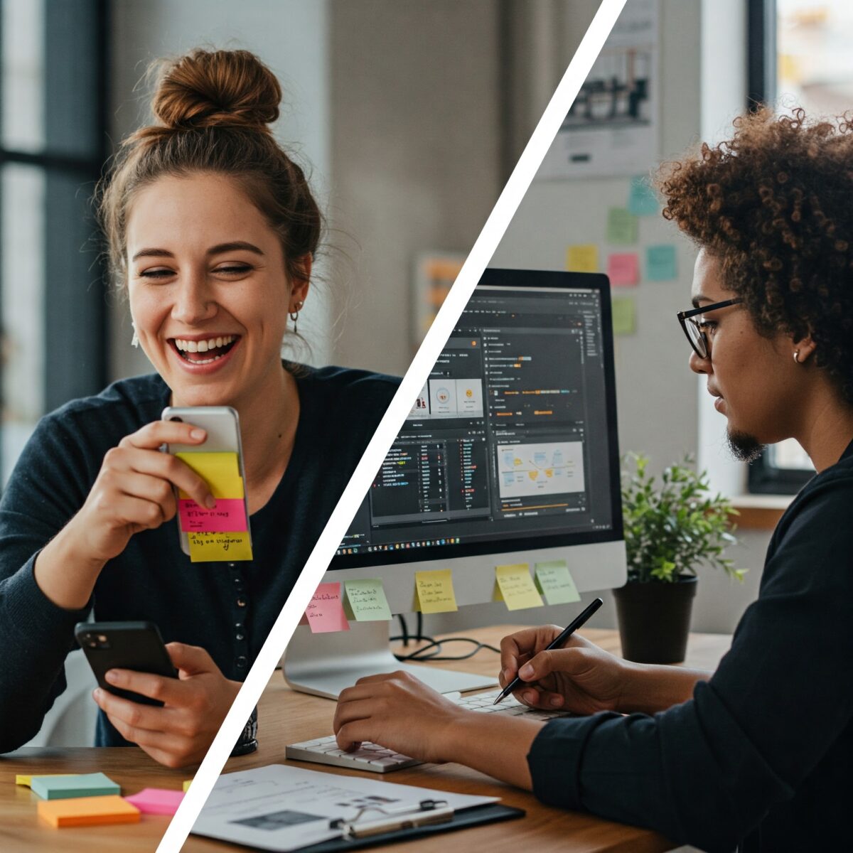 Split-screen visual of content creators producing short-form and long-form digital content side-by-side.