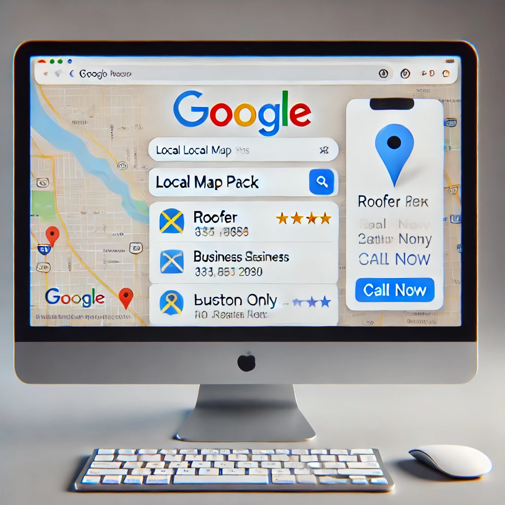 Screenshot of Google showing the map pack with a roofer listed, star reviews, and “Call Now” button.