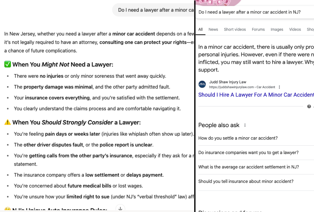 Side-by-side showing how the same question is answered differently on Google vs. ChatGPT (“Do I need a lawyer after a minor car accident in NJ?”)