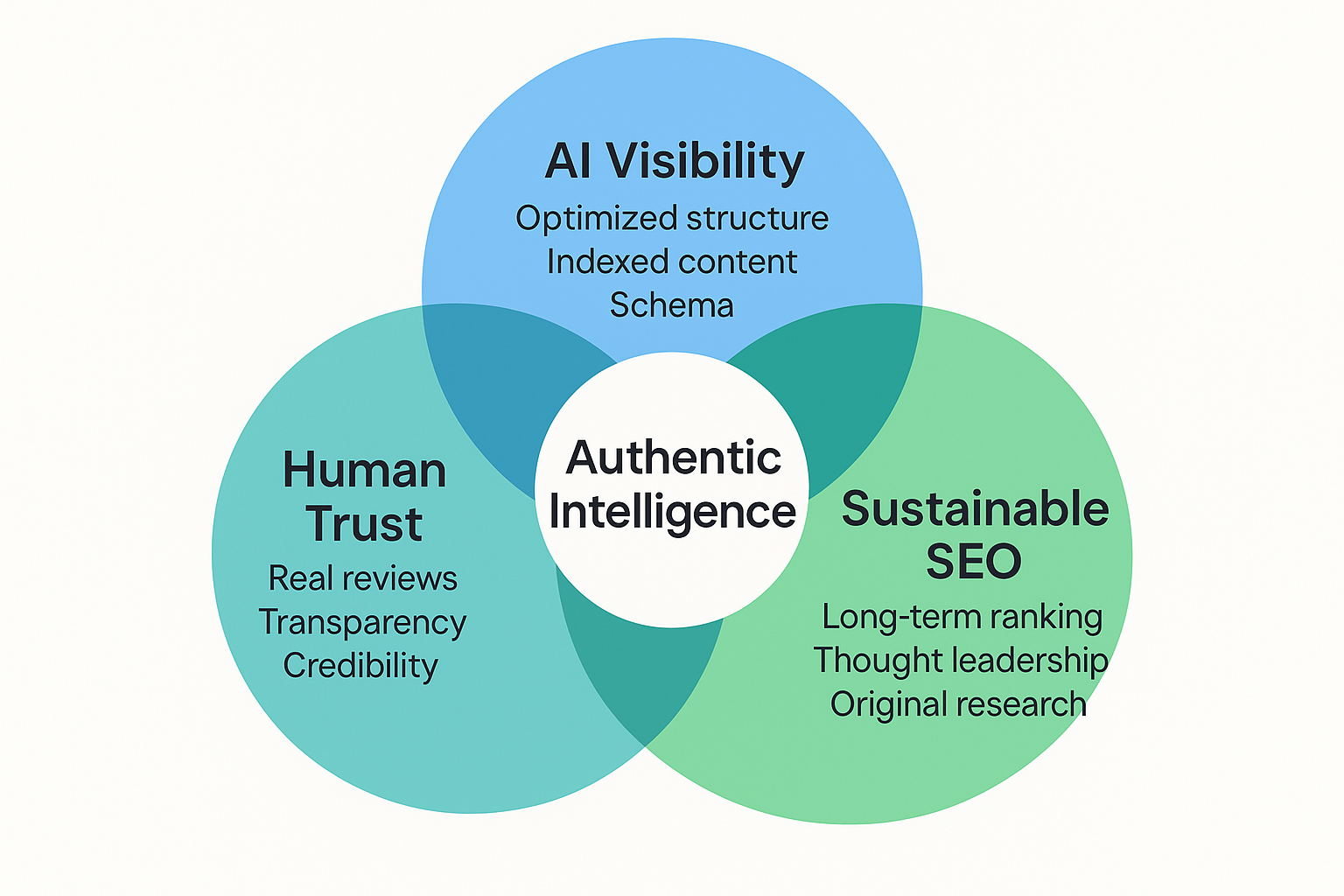 A Venn diagram of “Human Trust,” “AI Visibility,” and “Sustainable SEO”