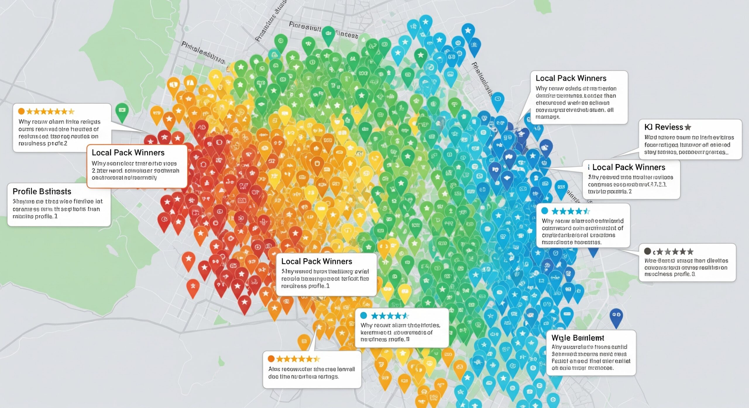 A heatmap showing multiple business listings competing
