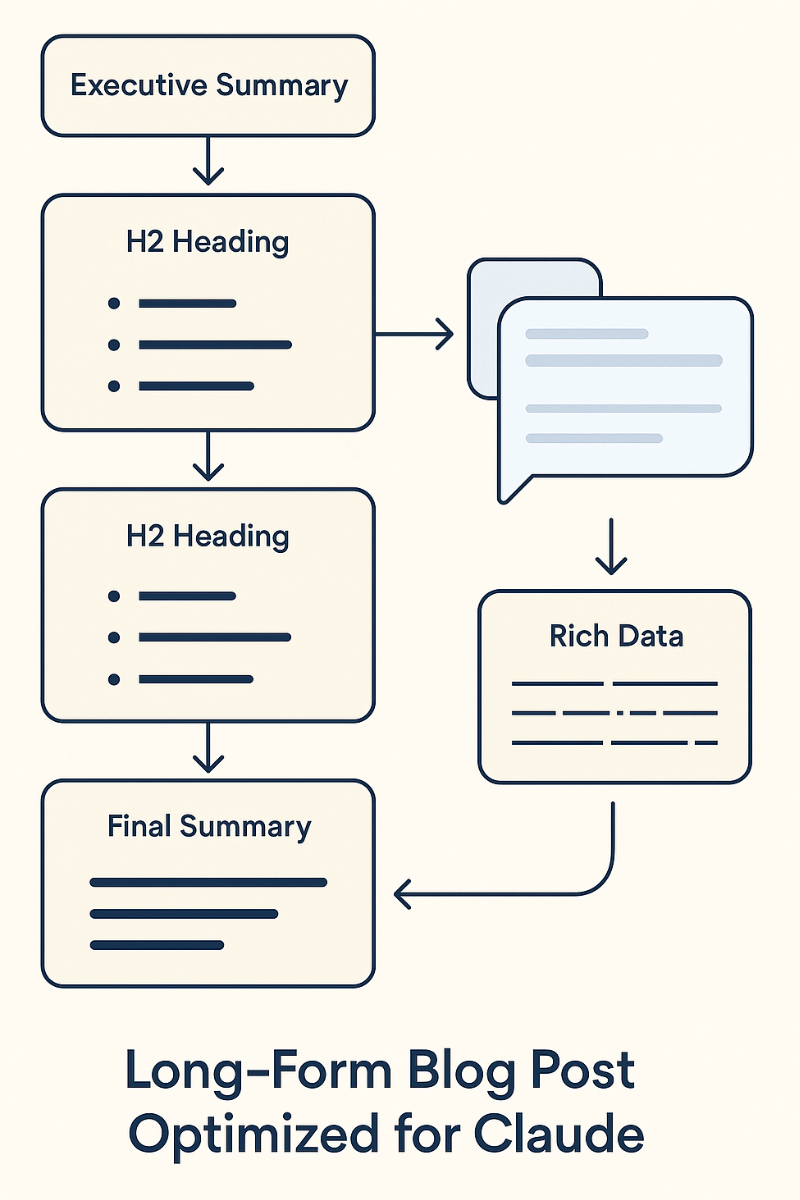 A visually appealing diagram illustrating the logical flow of a comprehensive guide optimized for Claude