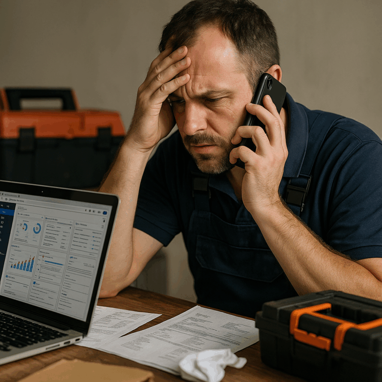 Contractor managing marketing stress with cluttered tools and dashboards