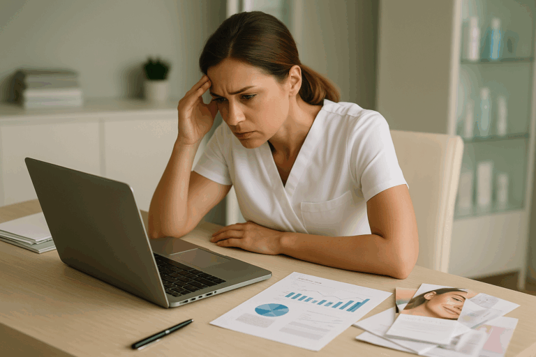 Frustrated med spa owner reviewing underperforming marketing results