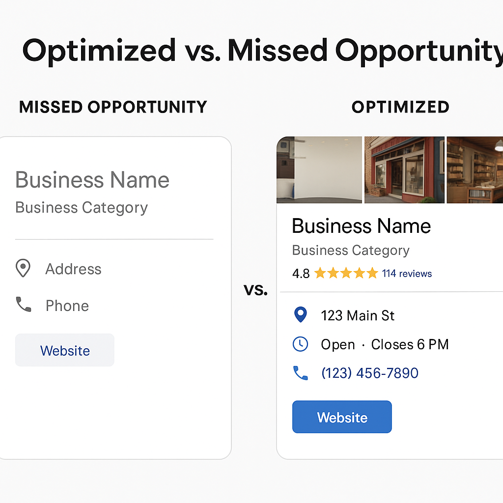 Side-by-side comparison of optimized vs. incomplete Google Business listings