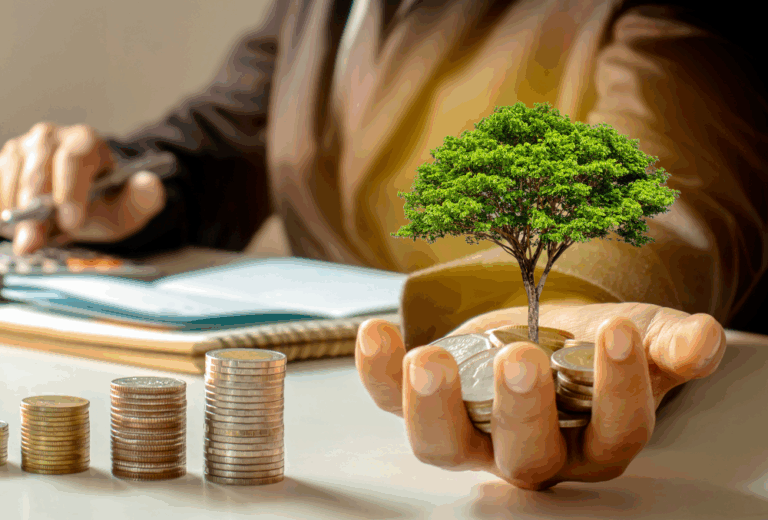 A business person with a tree and money in their hand, signifying a successful growth plan