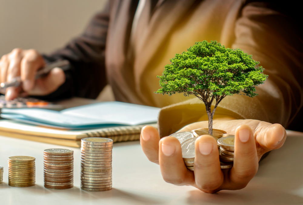 A business person with a tree and money in their hand, signifying a successful growth plan