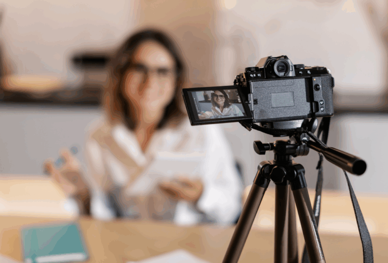 A woman on camera after learning how to be everywhere with 1 hour a week from ThinkDMG