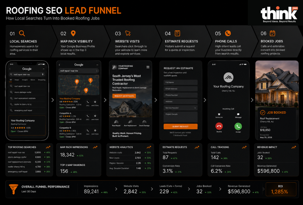 Roofing SEO funnel from Google searches to booked jobs