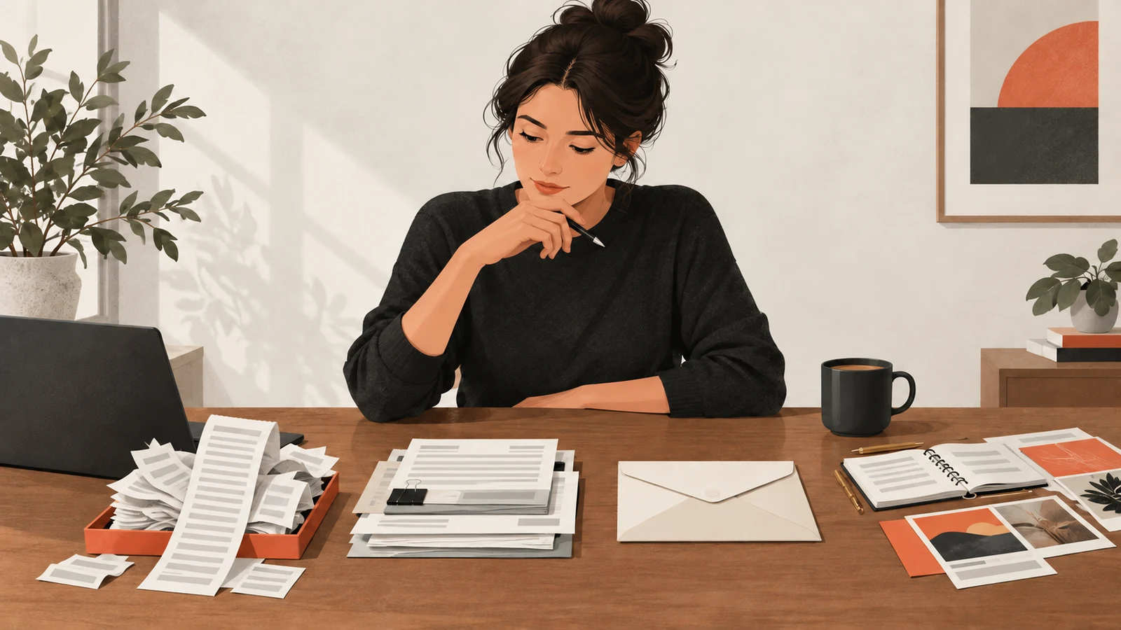 Small business owner sorting receipts, a cash reserve envelope and a marketing planning notebook to set a monthly budget.