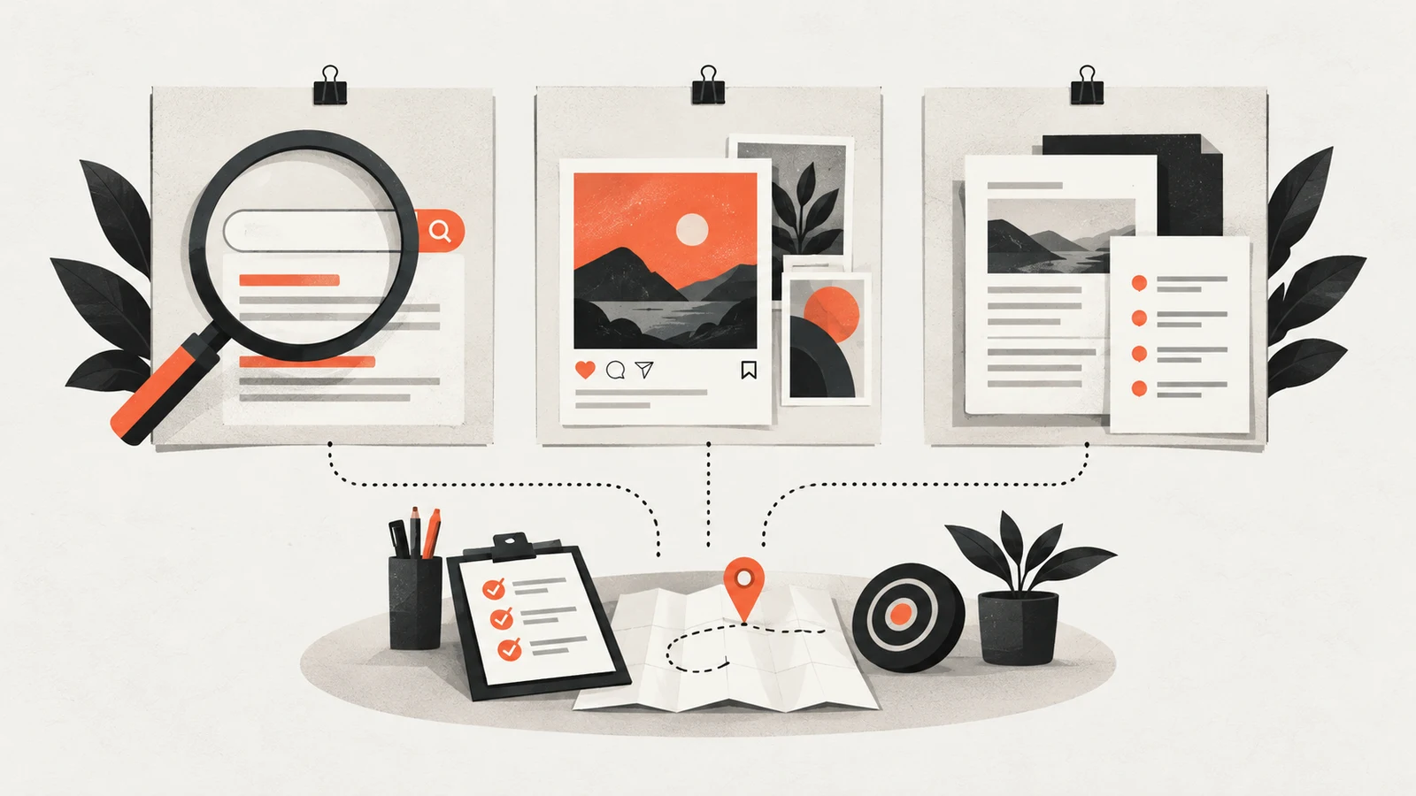 Three marketing options, search, ads and social, above shared planning materials for a small business owner.