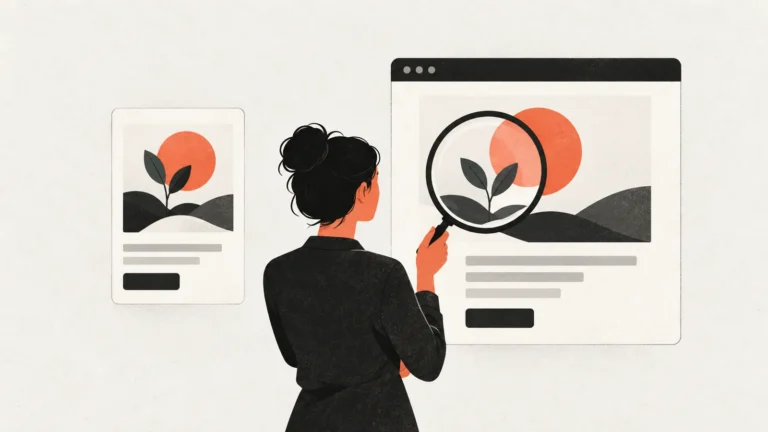 Reviewer comparing matching visual offers on a generic advertisement and landing-page illustration.