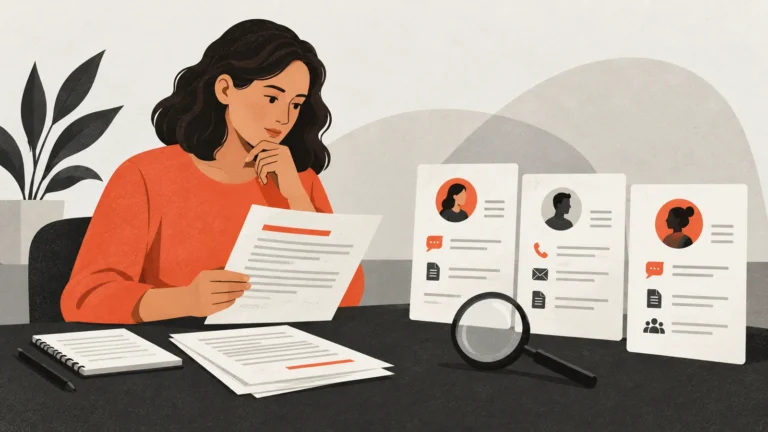 Business owner comparing a report with separate customer-record cards.