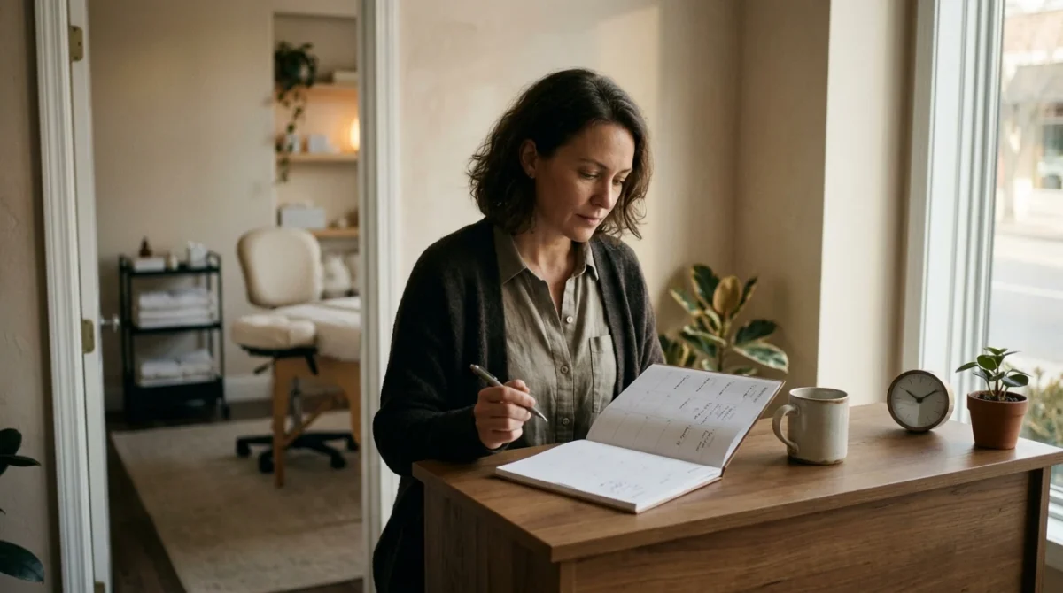 A person reviews a paper schedule at a desk outside a treatment room.