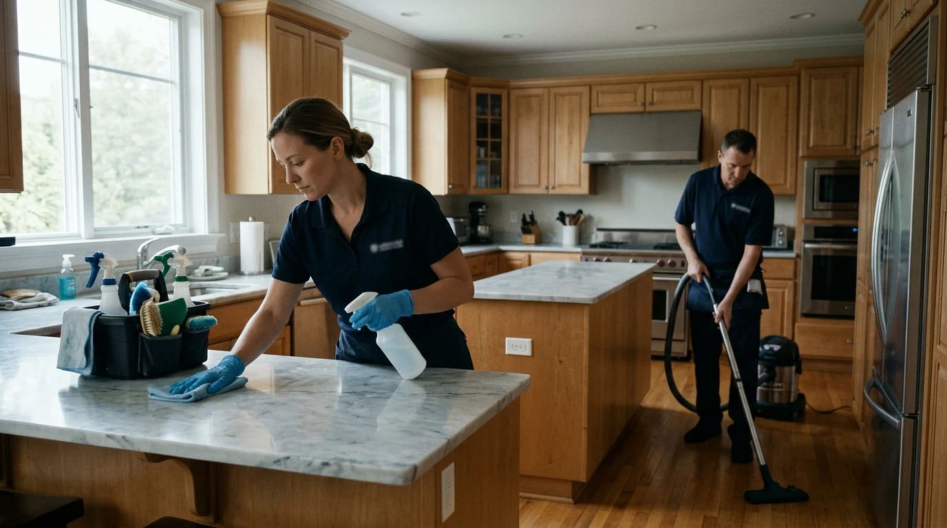 One cleaner wipes a kitchen counter while another vacuums the floor.