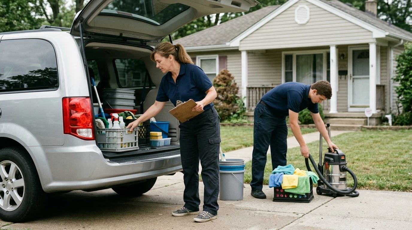 Two cleaners prepare supplies and a vacuum beside a vehicle outside a house.