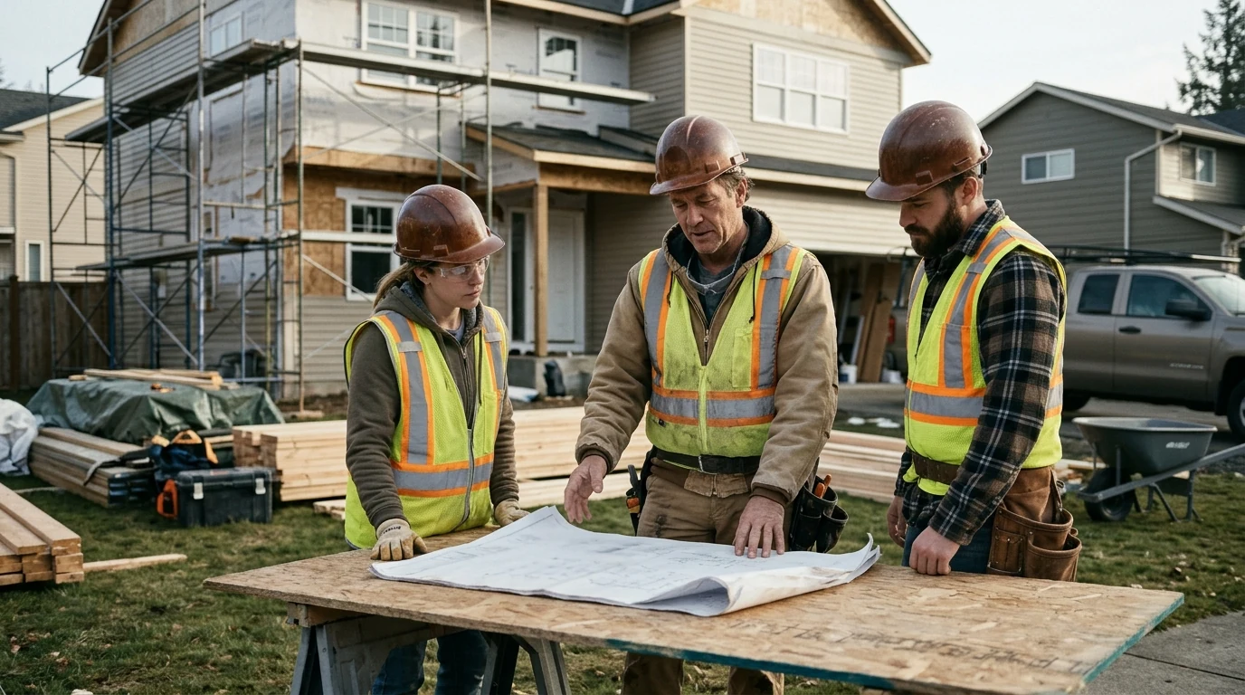 Three construction workers wearing hard hats and high-visibility vests review plans at a renovation site.
