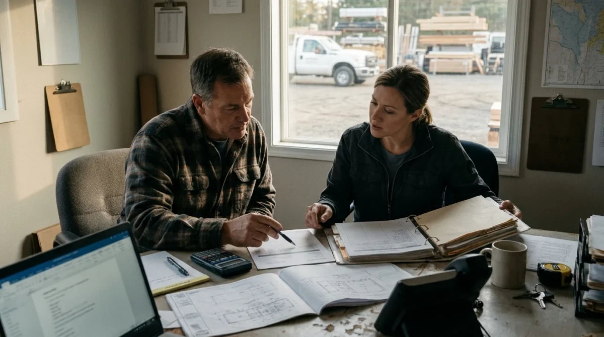 Two people review project documents, a binder and a calculator in a contractor’s office.