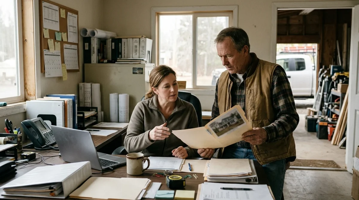 Two people review a project folder beside a laptop and office paperwork.